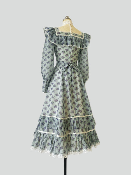 1970s Gunne Sax Blue & Lavender Rose Ruffled Prairie Midi Dress