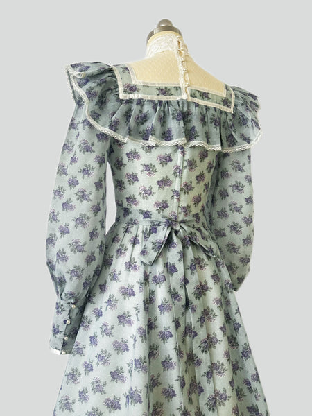 1970s Gunne Sax Blue & Lavender Rose Ruffled Prairie Midi Dress
