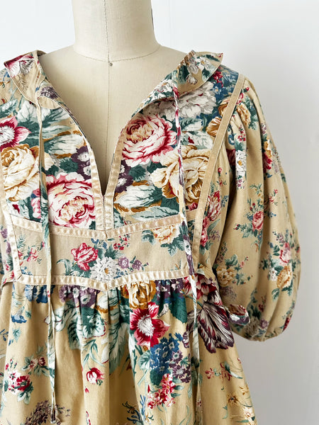 1970s Warm Sand Floral Prairie Dress