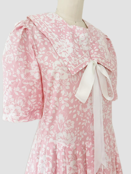 1980s Laura Ashley Pink Floral Sailor Collar Dress — Deadstock