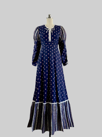 1970s Vintage Prairie Dress - Blush & Navy