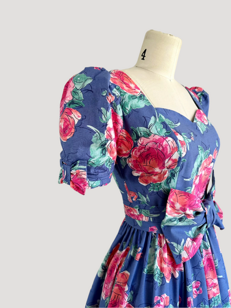 1980s Laura Ashley Dress -  Blue Cabbage Rose