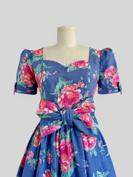 1980s Laura Ashley Dress -  Blue Cabbage Rose
