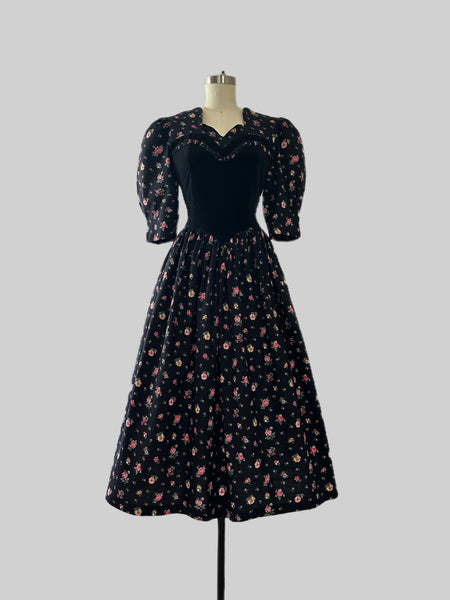 Gorgeous 1970s Black Velvet & Floral Printed Cotton Dress by Vicky Vaughn / SM
