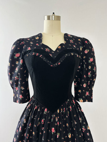 Gorgeous 1970s Black Velvet & Floral Printed Cotton Dress by Vicky Vaughn / SM