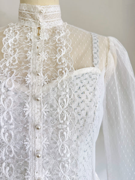 1970s Gunne Sax blue floral calico gown and matching lace-trimmed jacket