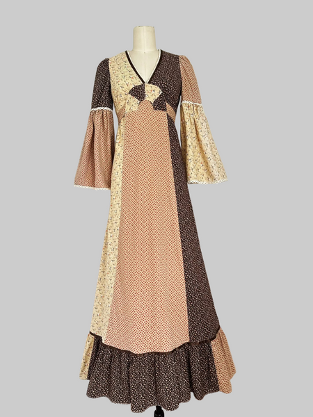1970s Patchwork Floral Maxi Dress with Bell Sleeves – Dearly Vintage