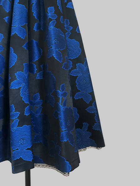 Full Skirt detail  of S.G. Gilbert vintage 1980s black and blue rose jacquard party dress 