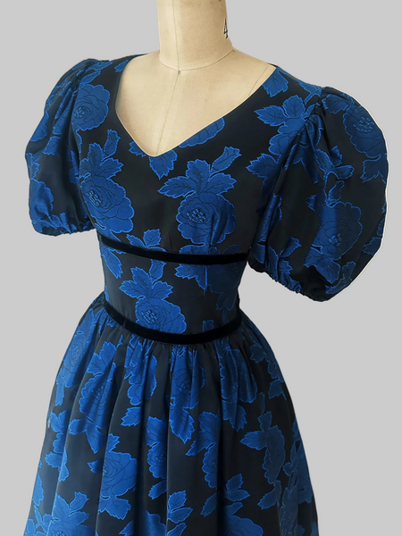 S.G. Gilbert vintage 1980s black and blue rose jacquard party dress with puff sleeves