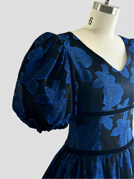 1980s S.G. Gilbert Black Rose Jacquard Dress