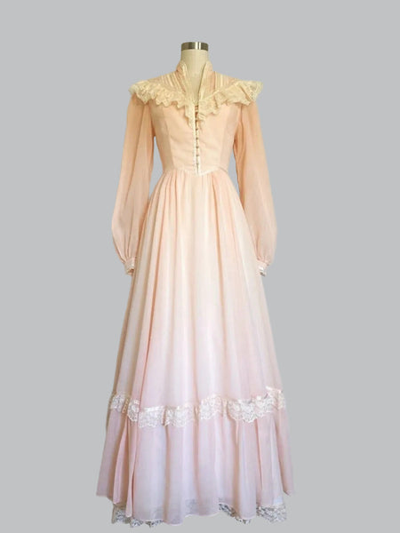 1970s Gunne Sax Romantic Renaissance Bridal Gown in Rosy Peach