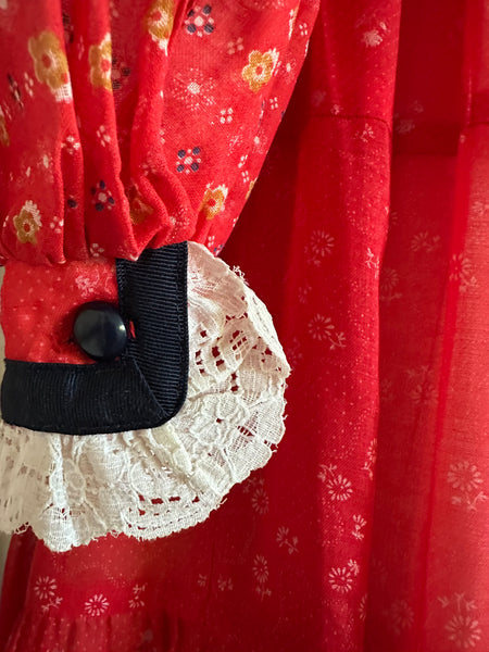 1970s Crimson Red Prairie Western Maxi Dress
