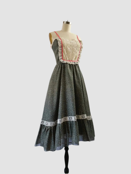 1970s Forest Sage & Lace Sundress