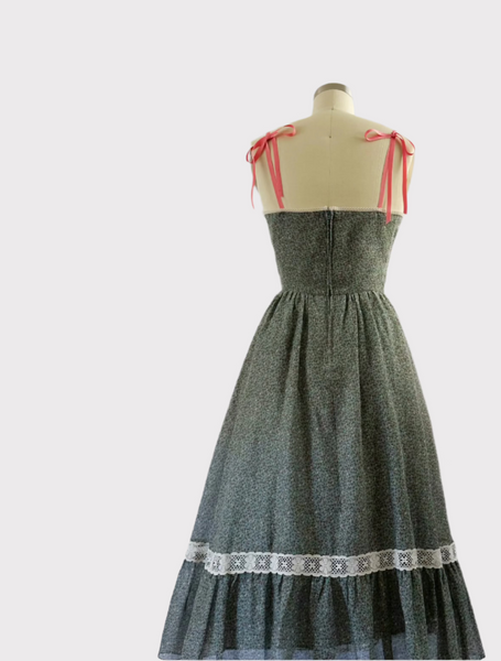 1970s Forest Sage & Lace Sundress