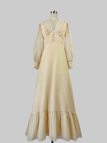 1970s Vintage Ivory Lace-Trimmed Maxi Gown