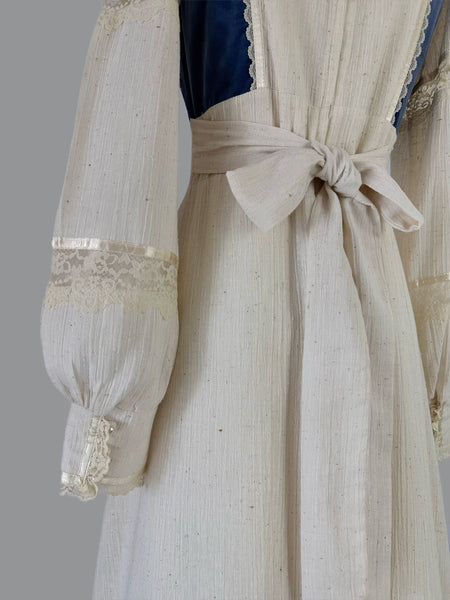 1970s Gunne Sax Natural Crinkle Cotton & Velvet Maxi Dress