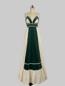 Vintage 1970s Gunne Sax Sleeveless Cotton with green velvet Panel Maxi Dress