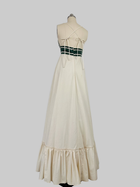 Vintage 1970s Gunne Sax Cotton Sleeveless Maxi Dress with green Velvet Panel
