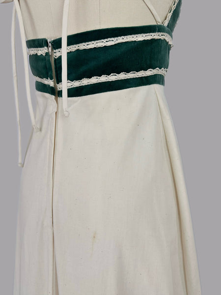 1970s Gunne Sax Cross-Back Velvet Panel Gown