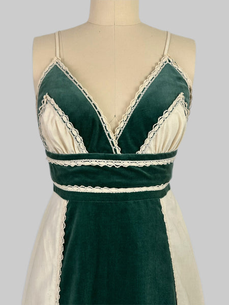 1970s Gunne Sax Cross-Back Velvet Panel Gown