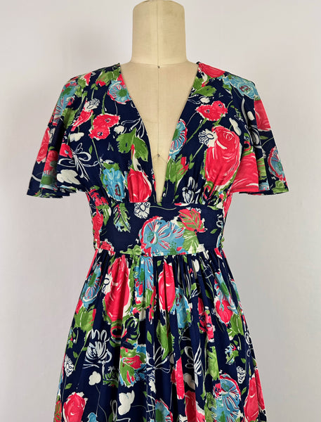 1970s Painterly Floral Maxi Dress