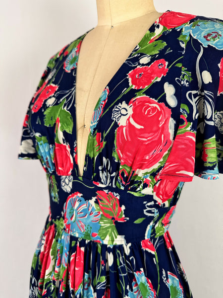 1970s Painterly Floral Maxi Dress