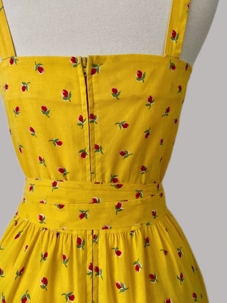 1970s Lanz Marigold with Rosebud Print Sundress