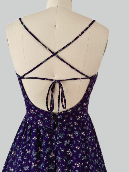 1980s Violet Floral Open Back Cotton Sundress