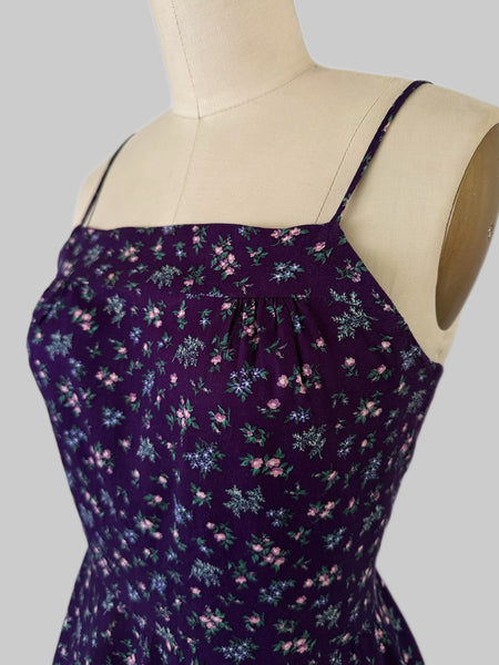 1980s Violet Floral Open Back Cotton Sundress