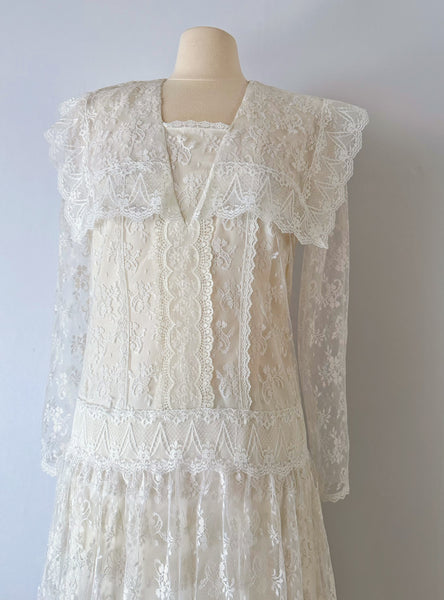 1980s Gunne Sax White Lace Sailor-Collar Dress