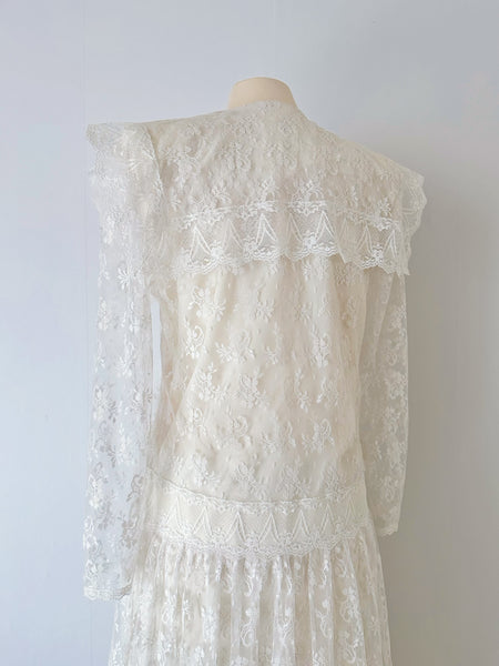 1980s Gunne Sax White Lace Sailor-Collar Dress