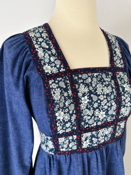 Vintage 1970s Bohemian Prairie Dress in Denim Blue