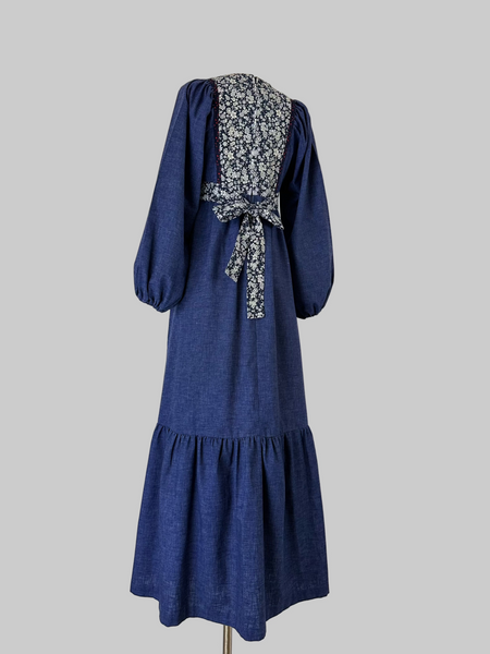 vintage 1970s Blue chambray dress with floral patterned back 