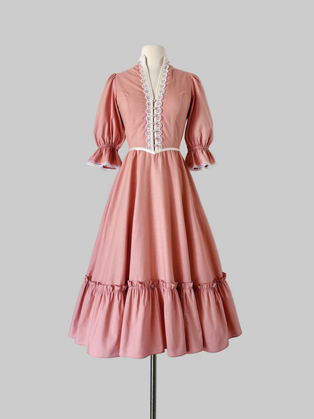  1970s Gunne Sax midi dress with puff sleeves, pearl bead trim, and faux pearl buttons 