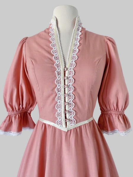  1970s Gunne Sax midi dress with puff sleeves, pearl bead trim, and faux pearl buttons 