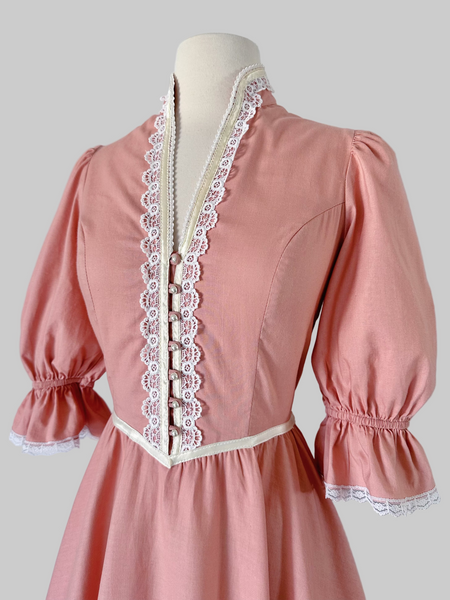  1970s Gunne Sax midi dress with puff sleeves, pearl bead trim, and faux pearl buttons 