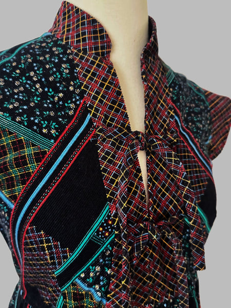 1970s Patchwork Corduroy Midi Dress with Tie Front