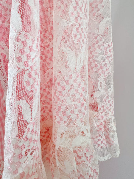 1970s Pink Gingham Prairie Maxi Dress with Lace Angel Sleeves