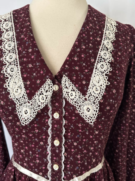 Gunne Sax 1970s Burgundy Floral Cotton Dress