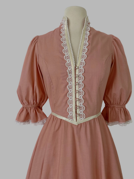 Gunne Sax Vintage 1970s Rosewood Pink Midi Dress with Puffed Sleeves