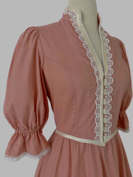 Gunne Sax Vintage 1970s Rosewood Pink Midi Dress with Puffed Sleeves