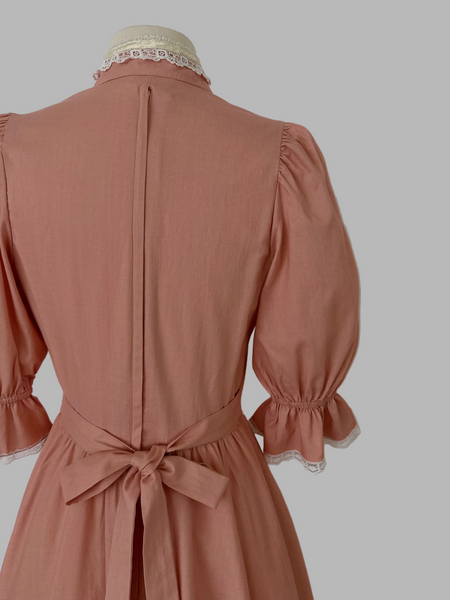 Gunne Sax Vintage 1970s Rosewood Pink Midi Dress with Puffed Sleeves