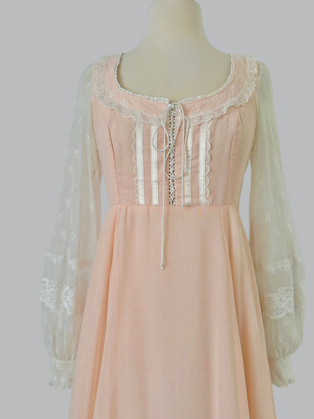1970s Gunne Sax Pastel Peach Lace-Up Gown