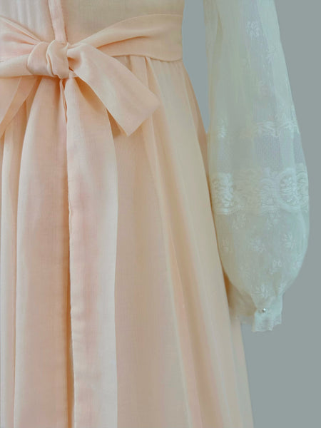 1970s Gunne Sax Pastel Peach Lace-Up Gown