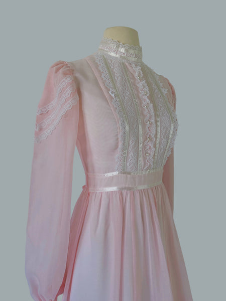 1970s Gunne Sax Pink Dress with lace trims and pearl details