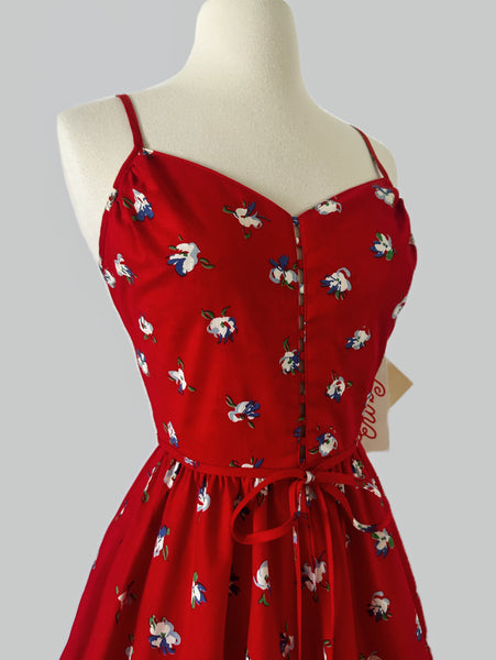 NOS 1980s Lanz Originals Red Tyrolean Floral Crisscross Back Cotton Dress