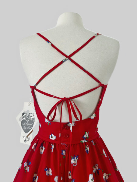 NOS 1980s Lanz Originals Red Tyrolean Floral Crisscross Back Cotton Dress