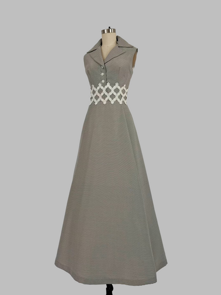 1960s Alfred Werber Open Back Stripe Maxi Dress With Guipure Lace Appliqué