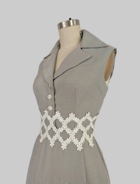 1960s Alfred Werber Open Back Stripe Maxi Dress With Guipure Lace Appliqué