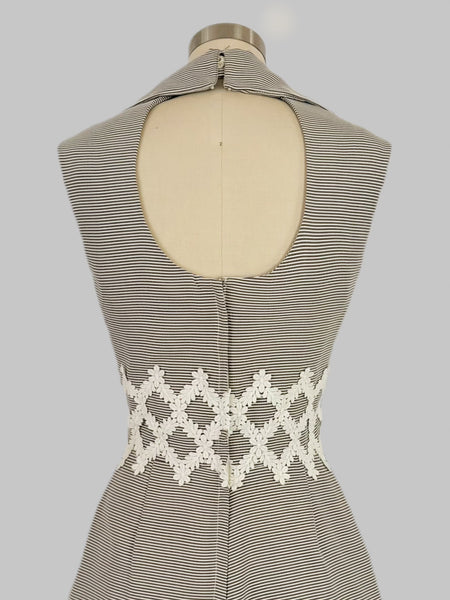 1960s Alfred Werber Open Back Stripe Maxi Dress With Guipure Lace Appliqué